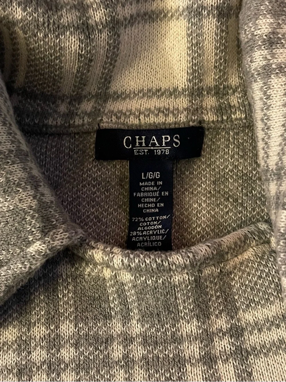Chaps Gray & Cream Plaid Knit Zip Sweater